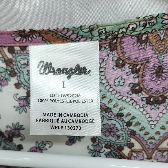 Wrangler Paisley Peasant Top Purple Turquoise Tie Neck Womens SZ L - Picture 2 of 7